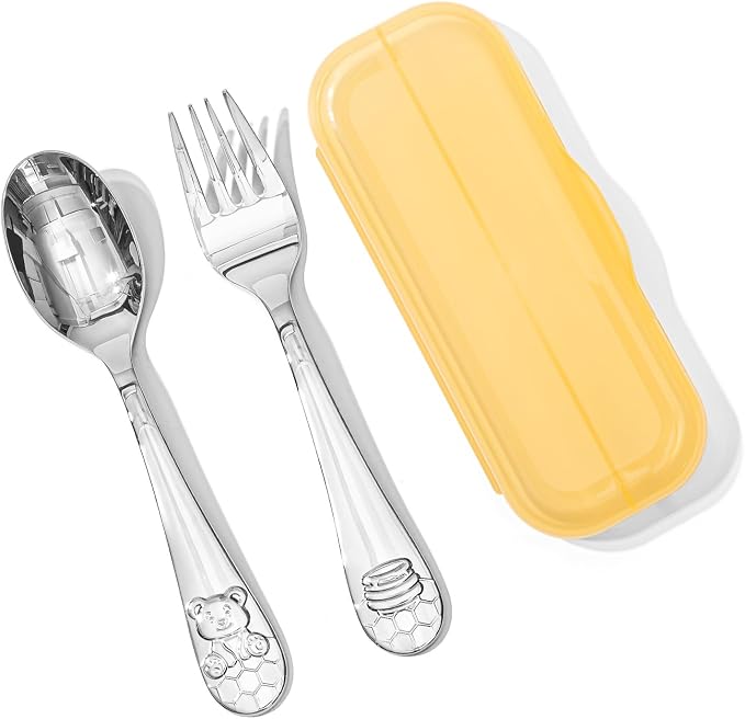 KINGSTONE 2 Pcs Kids Silverware with Case, Stainless Steel, Honey Bear | Large 18/10 Stainless Steel Fork & Spoon, Ergonomic, Lightweight, Self-Feeding Children Flatware for Travel & Home by KINGSTONE