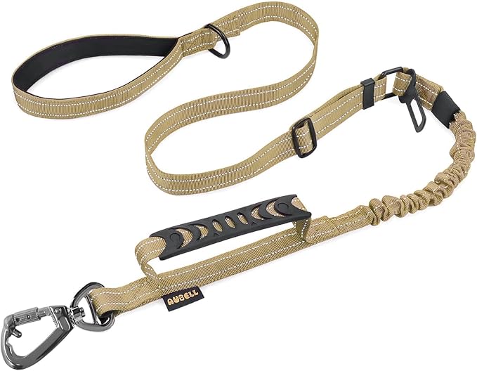 AUBELL Tactical Dog Leash Heavy Duty,4-6ft No Pull Bungee Leash,Brown | Reflective Dog Leash for Medium Large Dogs with Comfortable Padded Double Handle,Car Seat Belt,360 Degree Rotating Carabiner by AUBELL