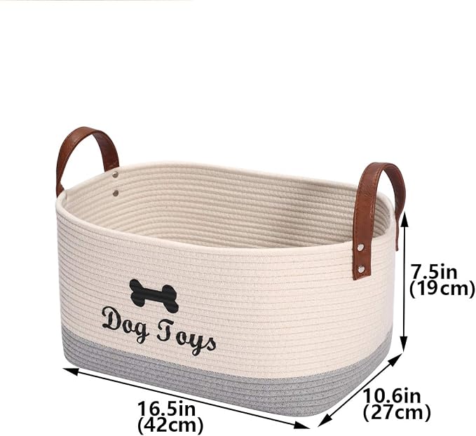 Geyecete X-Large Cotton Rope Dog Basket with Leather handle Blanket Storage Basket Decorative Clothes Hamper Basket | Extra Large Baskets for Blankets or Laundry-Beige/Gray - Image 2