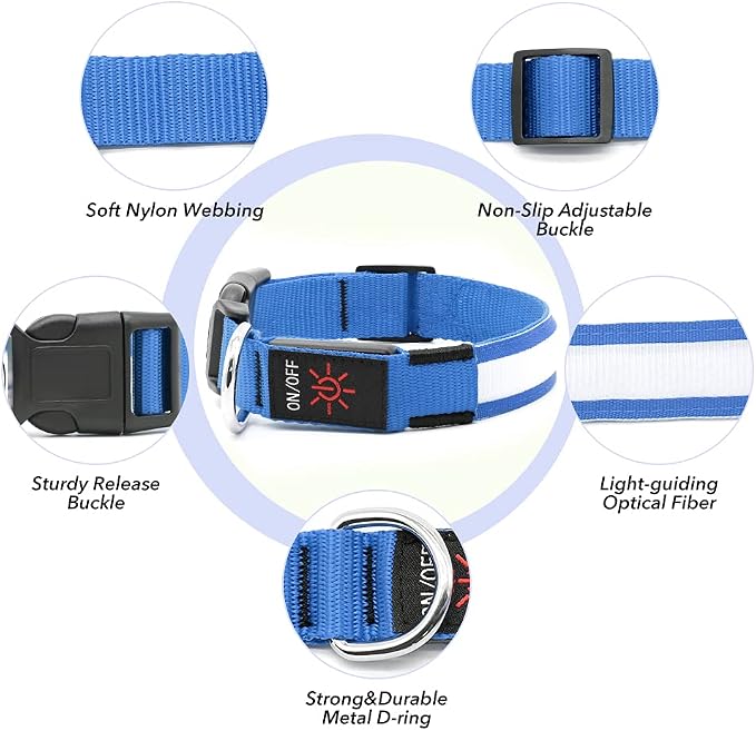 BSEEN Light Up Dog Collars - Reflective LED Dog Collar, Rechargeable Dog Glow Collar, Waterproof Glowing Dog Collar Lights for Night Walking (Royal Blue, Large) - Image 3