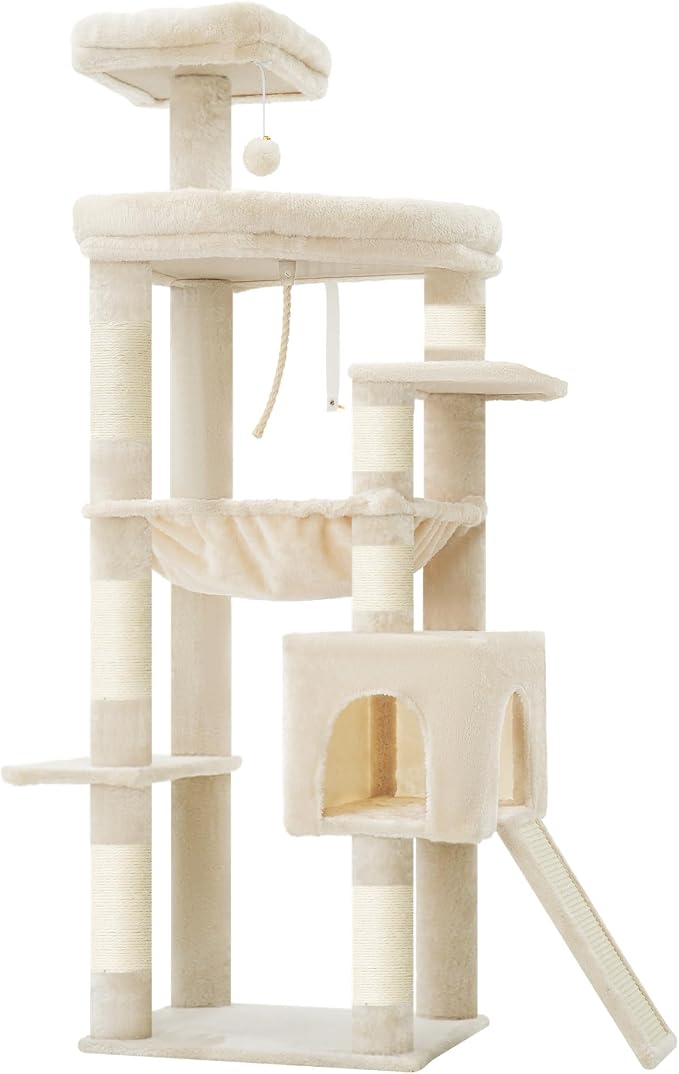 Heybly 64.2" Heavy-Duty Cat Tree for Large Cats with Wide Base HCT027M | Indoor Cat Tower with Scratching Posts & Board, Cat Furniture with Big Platforms, Extra-Large Hammock, Beige - Image 4
