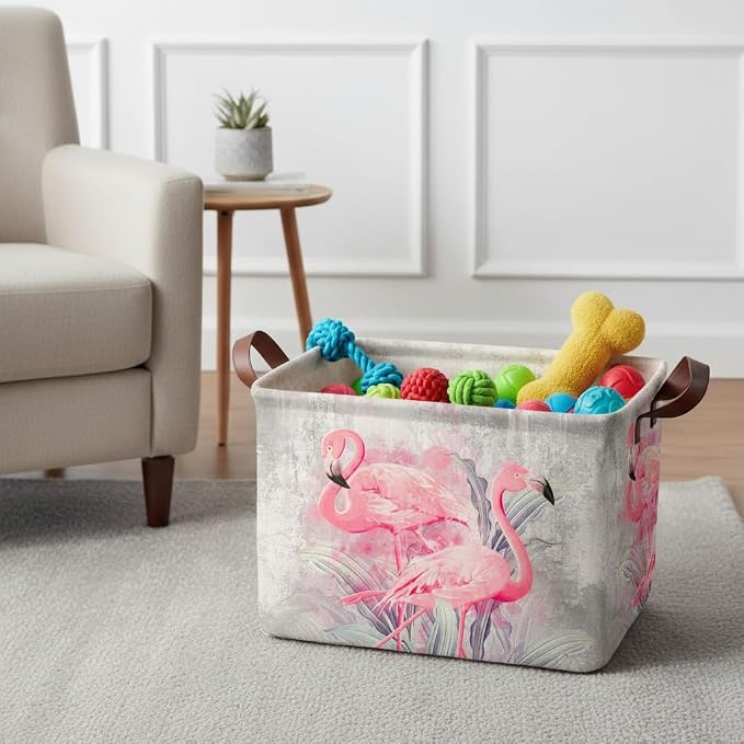 Flamingo Storage Basket Waterproof Canvas Toy Storage Bin Home Flamingo Decor Collapsible Outdoor Basket with Leather Handles Flamingos Gifts Blanket Baskets For Closets,Bedrooms,Bathroom - Image 5