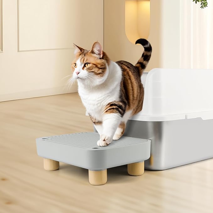 Litter Box Step, Cat Litter Ramp Catcher with Wooden Base, Grey | Cat Step with Filter Function, Anti-Tracking Litter Box Step Stool, Ideal for Kitten & Elderly Cats, Easy to Clean - Image 5