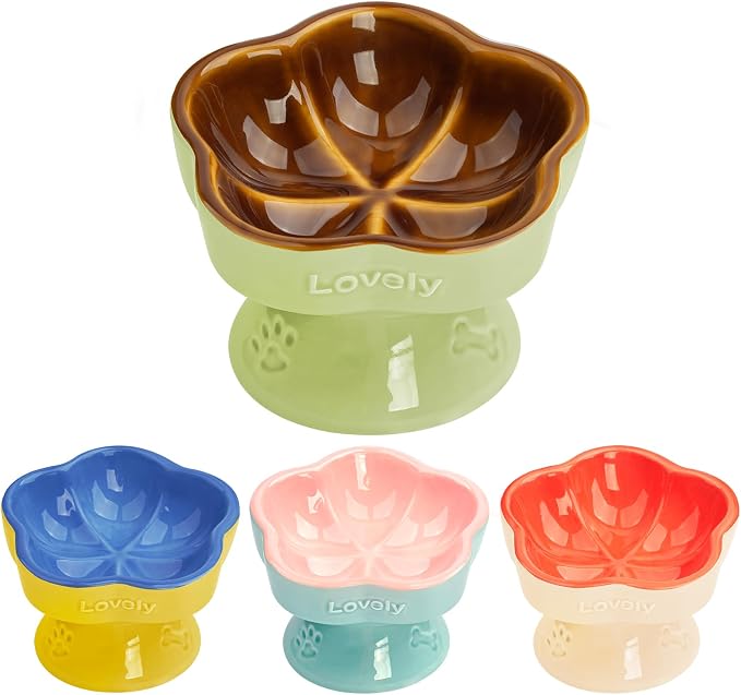 S&Q's CERAMICS Raised Cat Bowl, Elevated Cat Bowl for Food and Water, Ceramic Titled Dish, Anti Vomit & Whisker Friendly, Microwave and Dishwasher Safe (Brown, 5.8") by SQsCeramics