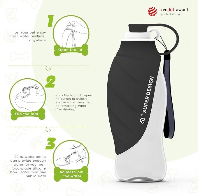 SUPERDESIGN Dog Water Bottle, Portable Dog Water Bottle for Small to Large Dogs, Leak Proof Dog Travel Water Bottle, Small Leaf Travel Water Bowl for Dogs and Dog Walking Accessories (19.6OZ, Black) - Image 2