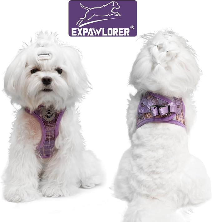 Classic Plaid Puppy Harness - Small Dog Harness and Leash Set - Dog Collar and Leash Set with AirTag Holder, Soft Padded Step in Dog Vest Harness No Pull Reflective for Outdoor, Purple S - Image 6
