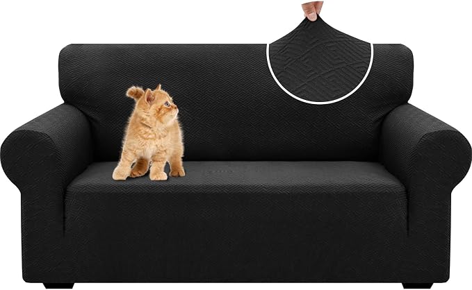 XINEAGE Stretch Jacquard Loveseat Cover, Non Slip Sofa Slipcover for Dog | High-Stretch Fabric. Wear-Resistant, Pet Friendly. Easy Install & Washable for Living Rooms, Offices.Classic Black by XINEAGE