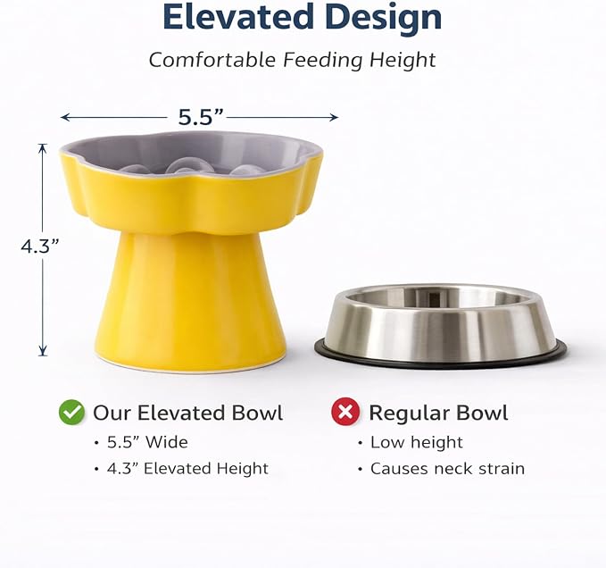 Ceramic Elevated Slow Feeder Cat Bowl, Raised and Gently Tilted Feeding Dish with Maze Design, Whisker-Friendly, Easy to Clean, for Indoor Cats and Small Dogs (Yellow/Purple) - Image 2