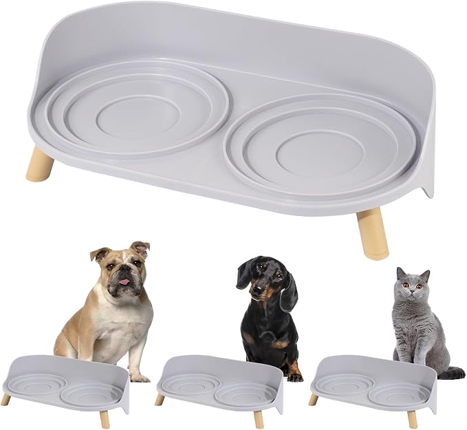 Raised Dog Feeder Bowl Stand (Without Bowls), Fits Dish up to Φ 6" | Spill Proof Elevated Dog Food Stand, Double 3 Diameters Pet Food Holder for Small and Medium Breeds and Cats, Grey by PTOBER