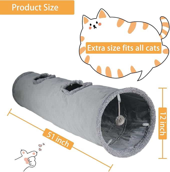 Cat Tunnel for Indoor Cats, 51×12 inch Foldable Big Cat Tunnel, Grey Suede Pet Tunnels with Two Peepholes and a Bubble Ball - Image 4