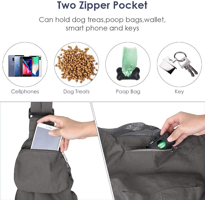 Lukovee Pet Sling, Small Pet Carrier, Hard Bottom Support & Safety Hook | Adjustable Drawstring Opening, Comfortable Padded Shoulder Strap, Zipper Pocket, Dog Slings Purse for Small Dog Cat (Grey) - Image 4