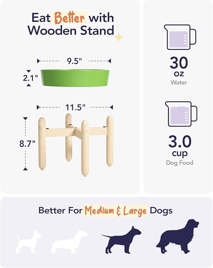 LE TAUCI Ceramic Slow Feeder Dog Bowls Elevated, 3 Cup Raised Bowl with Wooden Stand for Medium Large Breed, Slow Down Eating, Puzzle Dog Food Bowl, Clover Green - Image 5