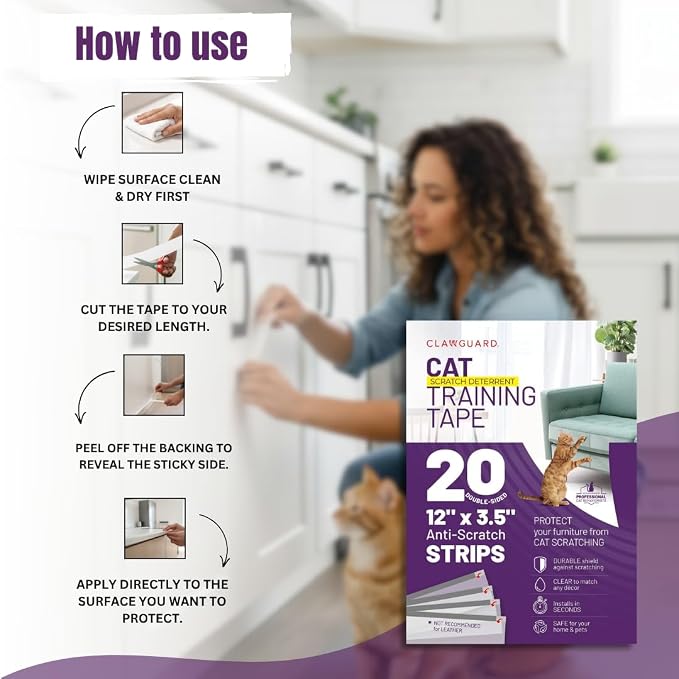 Cat Training Tape Strips – 20 Pre-Cut Double-Sided Anti Scratch Shields (12x3.5 in) – Cat Scratch Furniture Protector for Sofa & Surfaces - Image 3