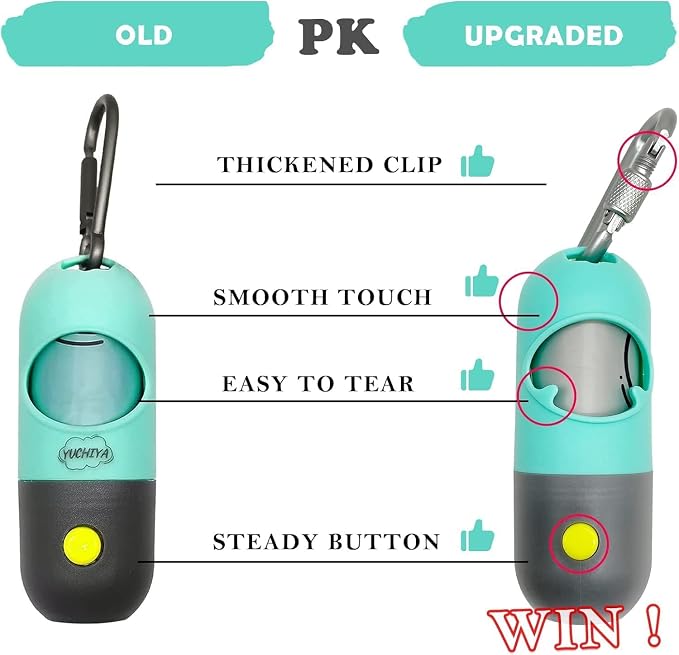 YUCHIYA Dog Poop Bag Holder Dispenser with LED Flashlight(Mint Green) | 100ft Ultra-Bright LED|Glow-in-the-Dark Avacado Clip|Metal Carabiner&Silicone Tether|15 Leak-Proof Scented Waste Bags - Image 4