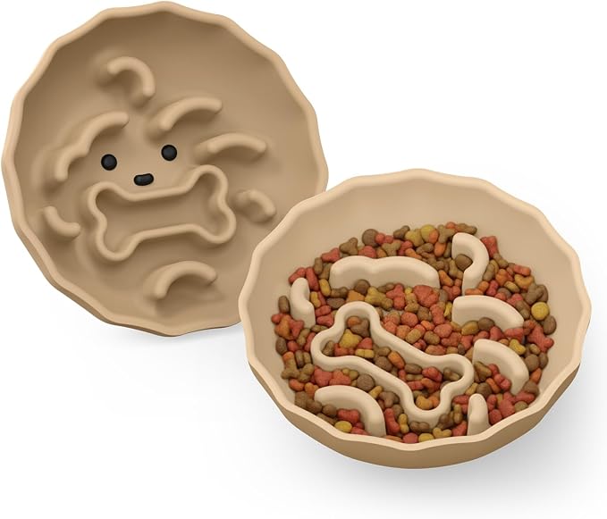 Slow Feeder Dog Bowls Made of Premium Food-Grade Silicone | Anti-Choking & Slow Eating for Improved Digestion, Non-Slip, Soft & Durable, Quiet Dog Bowl, Cute (Brown, Doggy) by Lunabear