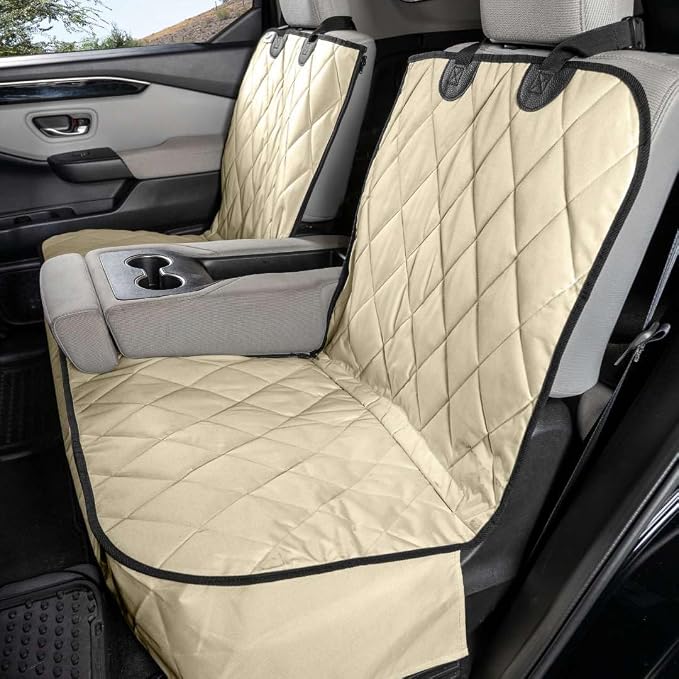 4Knines Dog Rear Seat Cover for Fold Down Seats - Fitted, Tan Regular | Heavy-duty split design fits 60/40 and 50/50 fold-down seats. No Hammock. K9-Shield waterproof layer. Non-slip backing. by 4Knines