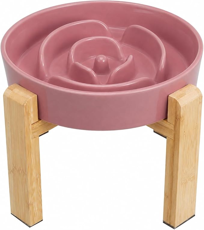 Elevated Slow Feeder Dog Bowl, 8.8" Ceramic Maze Dog Bowl with Stand | 3.2 Cups Slow Feeding Dog Dish for Fast Eaters, 7" Tall Anti-Slip Raised Slow Feeder for Medium to Large Breeds, Pink by PTOBER
