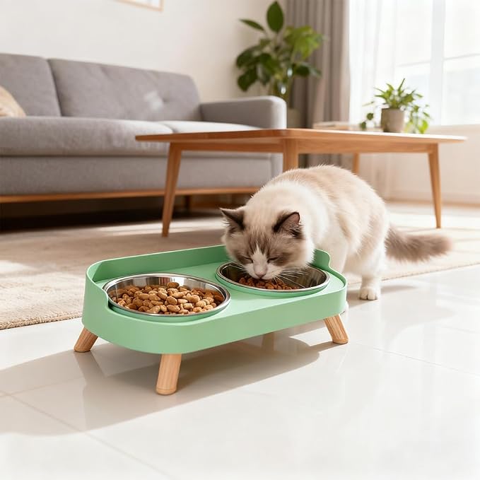 Elevated Cat Bowls, 2 Stainless Steel Raised Cat Food and Water Bowl Set, Splash Proof & Non-Slip, Whisker Fatigue Friendly, Dishwasher Safe for Cats and Small Dogs - Green - Image 6