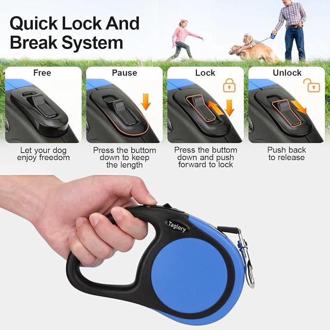 Taglory Retractable Dog Leash, One-Handed Brake, 16ft, Up to 44 lbs, Blue | More Freedom While Staying in Control, Smooth Retraction, Tangle-Free Design, Easy-Grip Handle, Daily Neighborhood Walks - Image 3