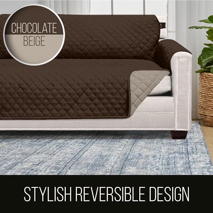 Sofa Shield® Couch Small Sofa Slip Cover with Strap, Chocolate Beige | Reversible Furniture Protector, Stain and Tear Resistant Cushion Cover, Machine Washable Slipcover for Pets, Cats 70 inch - Image 5