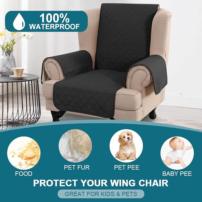 Turquoize 100% Waterproof Wing Chair Cover Wing Armchair Slipcovers Chair Couch Protector Triple Non-Slip Sofa Slipcover for Wing Chair Furniture Protector for Pets, Kids,Dog (Wing Chair, Black) - Image 2