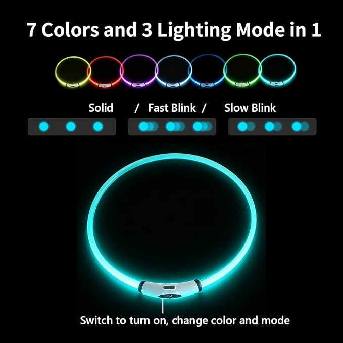 LED Dog Collar 7 Colors in 1, USB Rechargeable Waterproof Light Up Collar, 3 Flashing Mode for Night Walking Safety, TPU cuttable (70cm) - Image 2