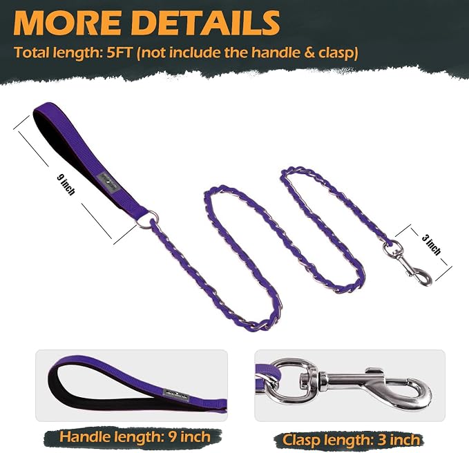 S-ETOVUS-Chain Dog Leash, Bite-Proof Metal Leash, with Padded Handle | Three Sizes 7.25FT/5.2FT/4FT, Woven From Nylon Rope And Chain, Durable And Bite-Resistant, Comfortable With Padded Handles. - Image 7
