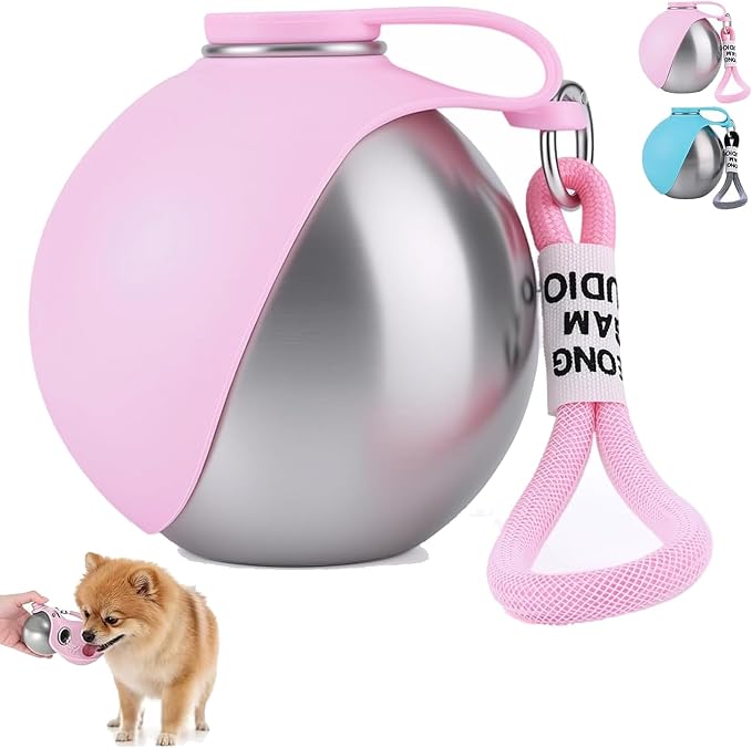 2 in 1 Portable Tumbler for Dogs, Portable Dog Water Ball, 10oz Stainless Steel Pet Water Dispenser with Silicone Foldable Bowl, Leak Proof, Portable Small Dog Water Bottle for Walking, Hiking(Pink) by Niaoyun