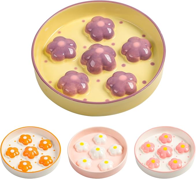 Ceramic Slow Feeder Cat Bowl, 6.3" Whisker Friendly Anti-Vomit, Purple | Shallow Cat Puzzle Feeder, Slow Eating 3x, Dry & Wet Food, Cute Flower-Shaped Maze, Microwave & Dishwasher Safe, 6.3" X 1.2" by PTOBER