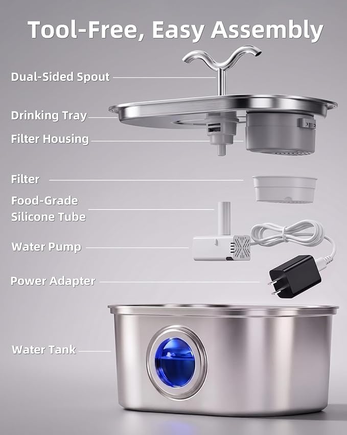 3.2L/108oz Stainless Steel Cat Water Fountain Pet Fountain | Automatic Pet Water Dispenser - Self-Designed Filtration System - Ultra-Quiet Pump - Easy Cleaning & Maintenance (3 Filters) - Image 7