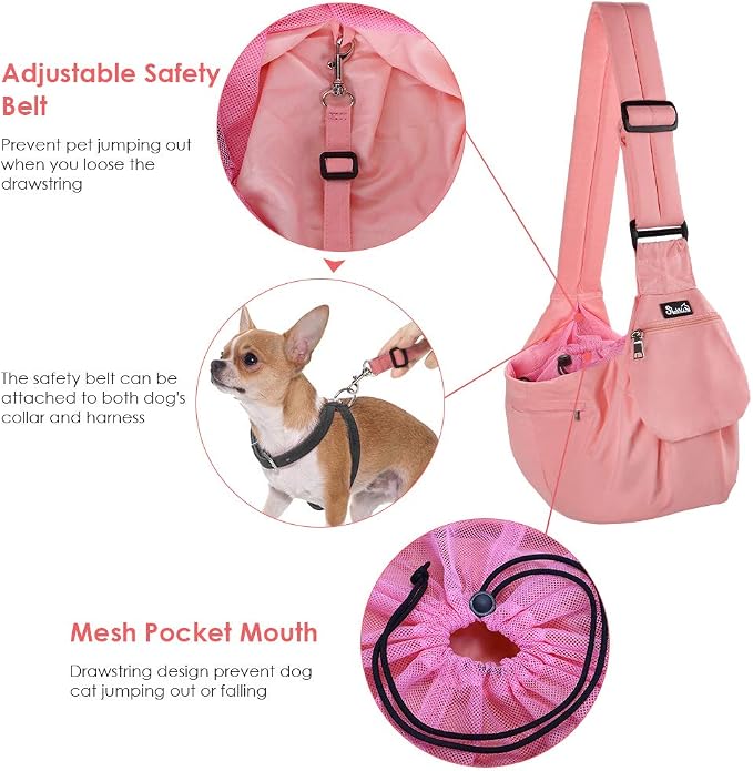 Lukovee Pet Sling, Small Pet Carrier, Hard Bottom Support & Safety Hook | Adjustable Drawstring Opening, Comfortable Padded Shoulder Strap, Zipper Pocket, Dog Slings Purse for Small Dog Cat (Pink) - Image 3