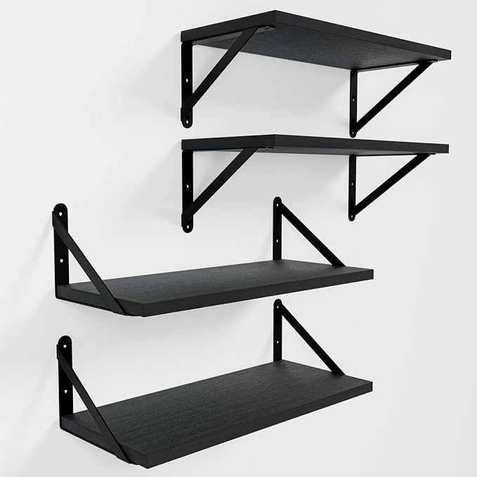 Wall Shelves 7.3" Deep Solid Paulownia Wood (Black, Set of 4) | 15mm Thick, Wider & Longer & Stronger, Easy to Install, Floating Shelf for Room Wall, Bathroom Bedroom Office Organizer by COCOYA