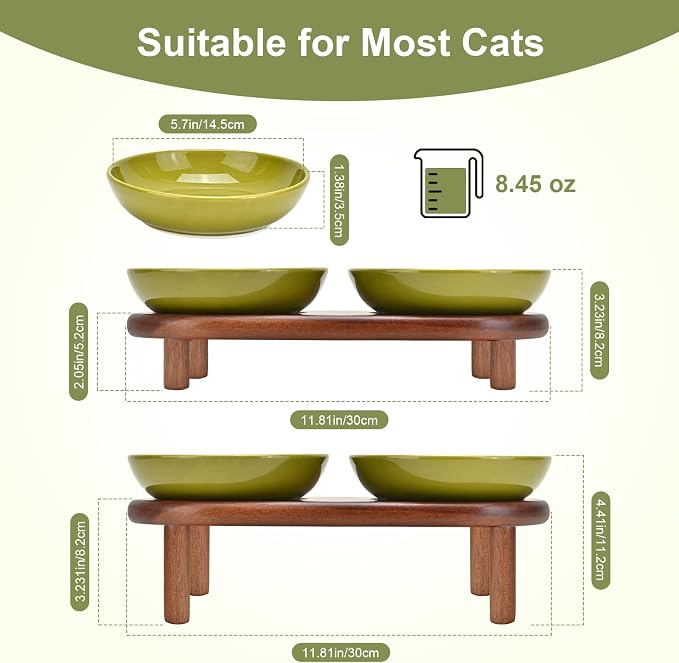 SPUNKYJUNKY Extra Wide Elevated Ceramic Cat Bowl with Acacia Wood Stand Whisker Friendly (Cat Paw Pattern, Green) - Image 2