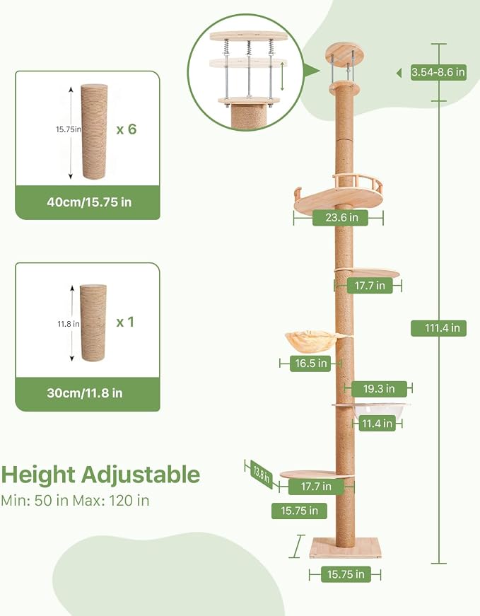 5 Level Floor to Ceiling Cat Tree,50-120in Adjustable Height Tall Cat Tower | Space-Saving Design, Heavy Duty Plywood Cat Pole with Jump Platform, Hammock & Capsule - Image 2