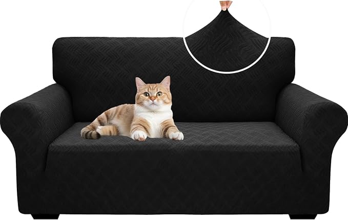 YEMYHOM Couch Cover Latest Jacquard Design High Stretch Sofa Covers for 2 Cushion Couch, Pet Dog Cat Proof Loveseat Slipcover Non Slip Magic Elastic Furniture Protector (Medium, Leaf Patten Black) by YEMYHOM