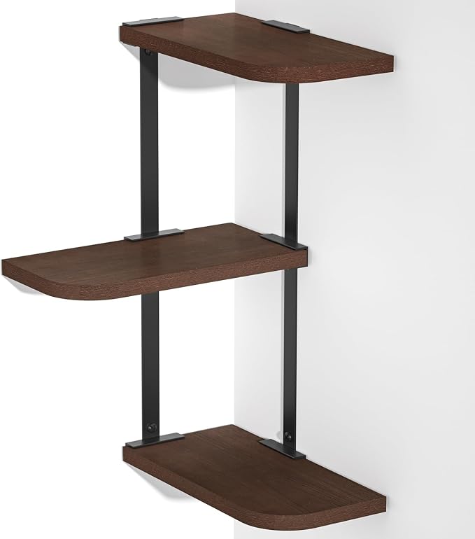 Love-KANKEI Corner Wall Shelf 3 Tier,Solid Wood with Bracket,17"Tall,Walnut | Floating Wall Shelves,Easy to Install,Capacity 26 Lbs,For Bedroom Living Room Bathroom Kitchen Office Display,Wall Decor by Love-KANKEI