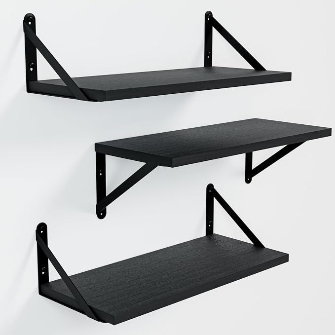 Wall Shelves 7.3" Deep Solid Paulownia Wood (Black, Set of 3) | 15mm Thick, Wider & Longer & Stronger, Easy to Install, Floating Shelf for Room Wall, Bathroom Bedroom Office Organizer by COCOYA