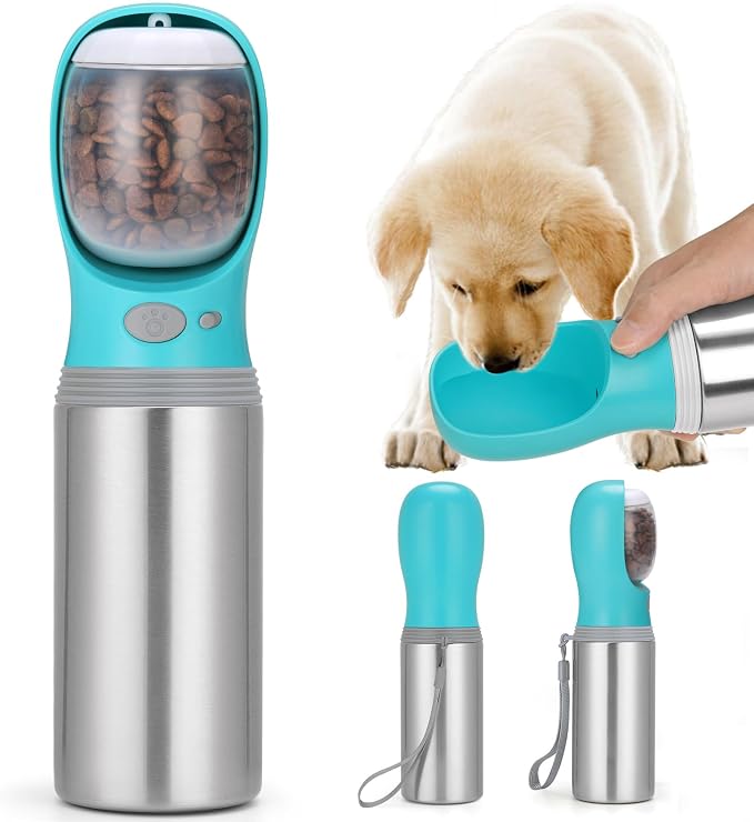 Portable Dog Water Bottle with Food Container, 14 OZ, Stainless Steel | Leak Proof Pet Water Dispenser with Drinking Feeder, Durable, Use for Dog Travel, Walking, Hiking and Outdoor Activities by Anipaw