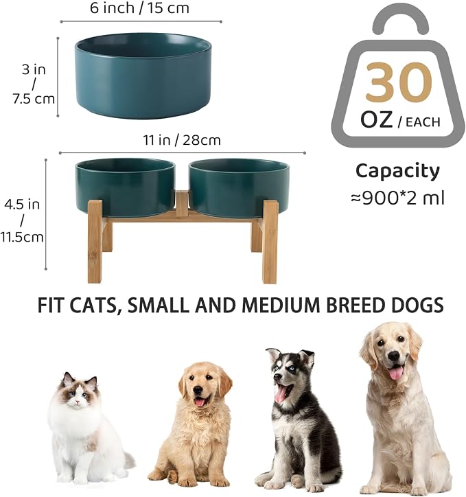 Raised Ceramic Dog Bowl Set - Elevated Dog Bowls with Non Slip Bamboo Stand, Food and Water Bowl Set for Small and Medium Breed Dogs, Pet Bowls, Weighted Dogs Dishes (6'', 2 * 30OZ, Green) - Image 3