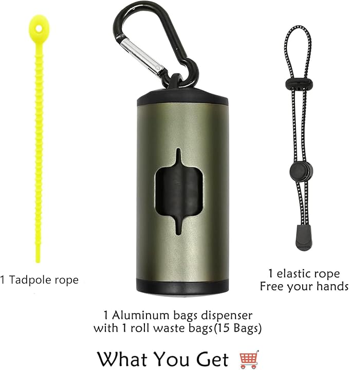 YUCHIYA Aluminum Dog Poop Bags Holder with Carabiner Metal Pet Waste Bags Dispenser with Hook and Loop Fastener and Elastic Cord to Carry Used Bags (Olive Green, 1 Holder 15 Bags) - Image 5