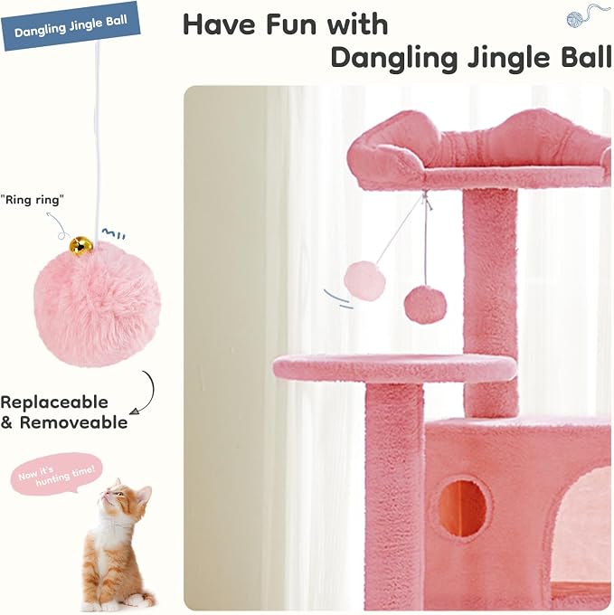 DUMOS 54-inch Cat Tree Tower with Scratching Posts, Indoor Use | Multi-Level Pet House for Large Cats with 2 Condos, Round Platform, Small Ladder and Toys, Pink - Image 2
