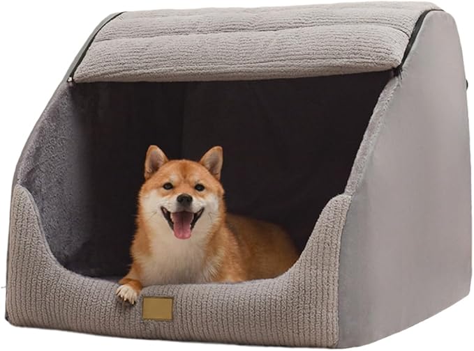 Large Dog House Indoor, Soft Plush Dog Cave Bed Covered Dogs Bed with Fluffy Washable Cushion, Portable Dog/Cat Pet Tent House for Small Medium Dogs (Grey, Large) by Unknown