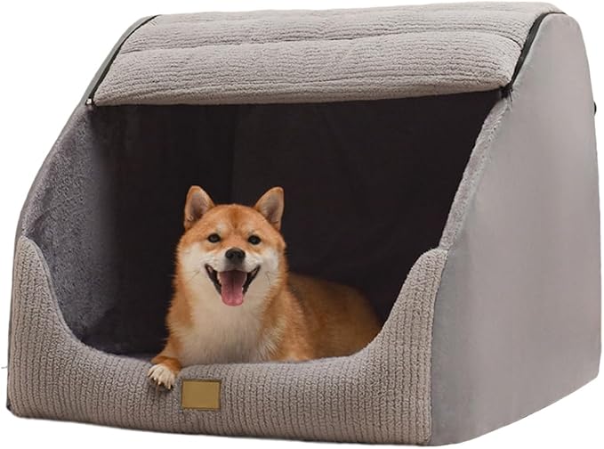 Large Dog House Indoor, Soft Plush Dogs Cave Bed Covered Pet Bed with Fluffy Washable Cushion, Portable Dog/Cat Pet Tent House for Medium Large Dogs (Grey, Medium) by Unknown