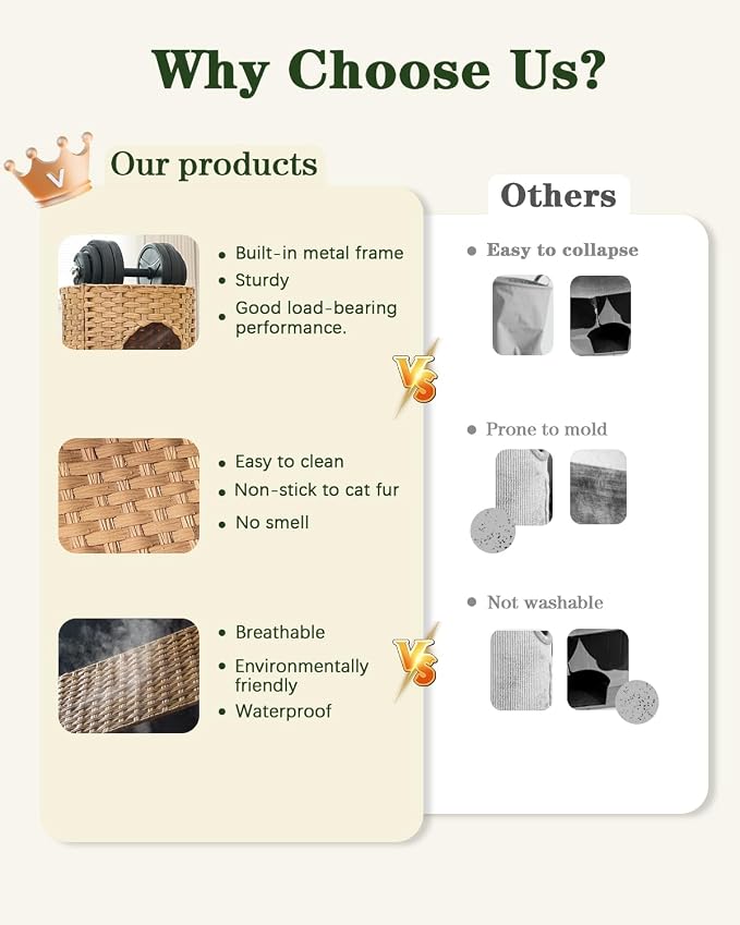 SETVSON Cat House for Indoor Cat, Large Double Cat Houses Bed, Natural | Handwoven PE Rattan Cave with One Soft Pad, 17 x 17 x 17 In Foldable Kitten Hideaway, Double-Level Play & Nap Spot - Image 4