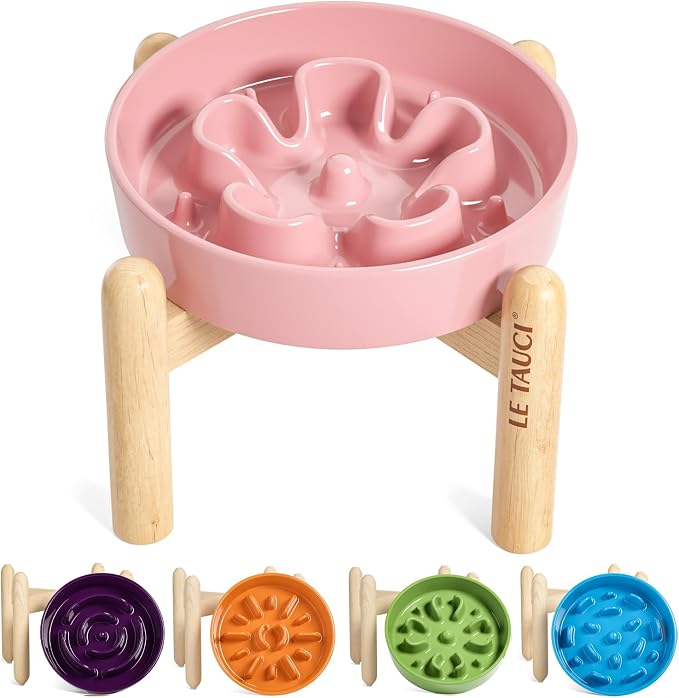 LE TAUCI Ceramic Slow Feed Dog Bowls, Elevated for Small Breeds, Anti-Gulping, Non-Slip, 6 inch, Pink by LETAUCI