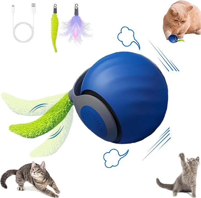 Interactive Cat Toy Ball,Speedy Tail2.0 Cat Toy,Automatic Interactive Cat Toys for Indoor Cats with 2 Tails,2Speeds Rechargeable Cat Enrichment Toys for Small/Medium/Large Cats to Keep Them Busy(Blue) by Unknown