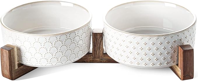 LE TAUCI Dog Bowls Ceramic for Small Medium Dogs - 4-Cup Dual Food & Water Bowl Set with Acacia Wood Stand, Non-Slip Anti-Tip Elevated Design by LETAUCI