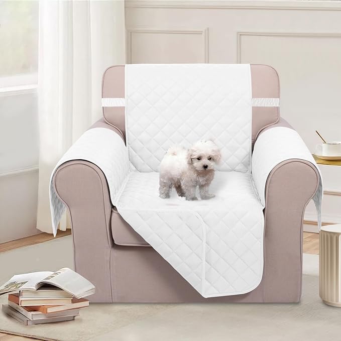 U-NICE HOME Reversible Recliner Chair Covers, White | 23''Armchair Cover for dogs Washable, Pet Friendly, Elastic Straps, Water Repellent, Diamond Quilted - Image 2