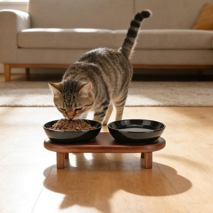SPUNKYJUNKY Extra Wide Elevated Ceramic Cat Bowl with Acacia Wood Stand Whisker Friendly (Cat Paw Pattern, Black) - Image 6