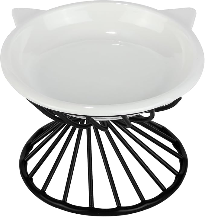 Elevated Cat Bowls,6.3" Wide Raised Ceramic Cat Food Bowl with Anti-Slip Metal Stand for Indoor Cats,Whisker Friendly,Protect Pet's Spine Pet Food Dishes for Flat Faced Cats and Kitten (White) by Meowgod
